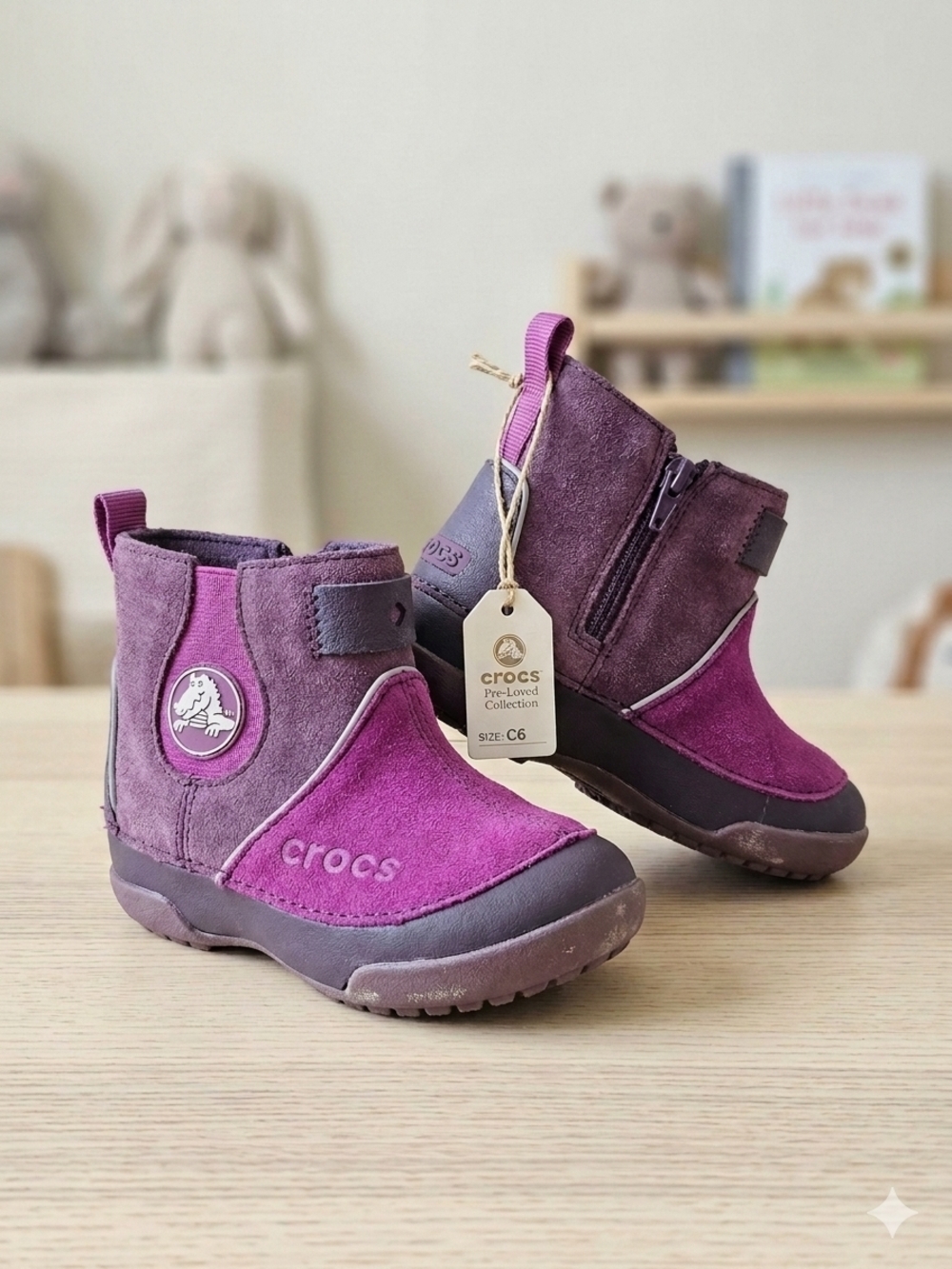 CROCS Kids Two-Tone Plum & Magenta Suede Boots